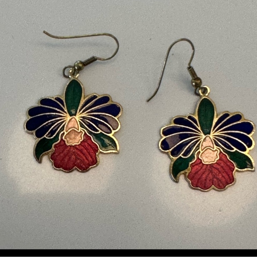 Gold tone Cloisonné enamel Drop Earrings